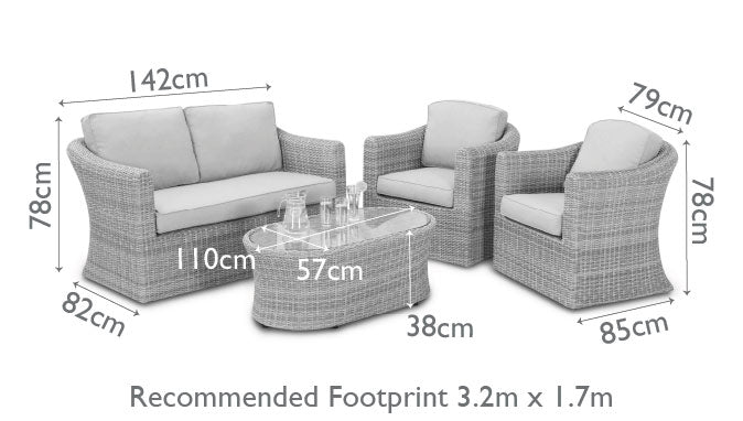 Diagram of a rattan 2 seat sofa set with two armchairs and a matching oval coffee table