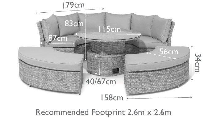 Diagram of a rattan lifestyle suite with a curved sofa, curved bench and a rising table