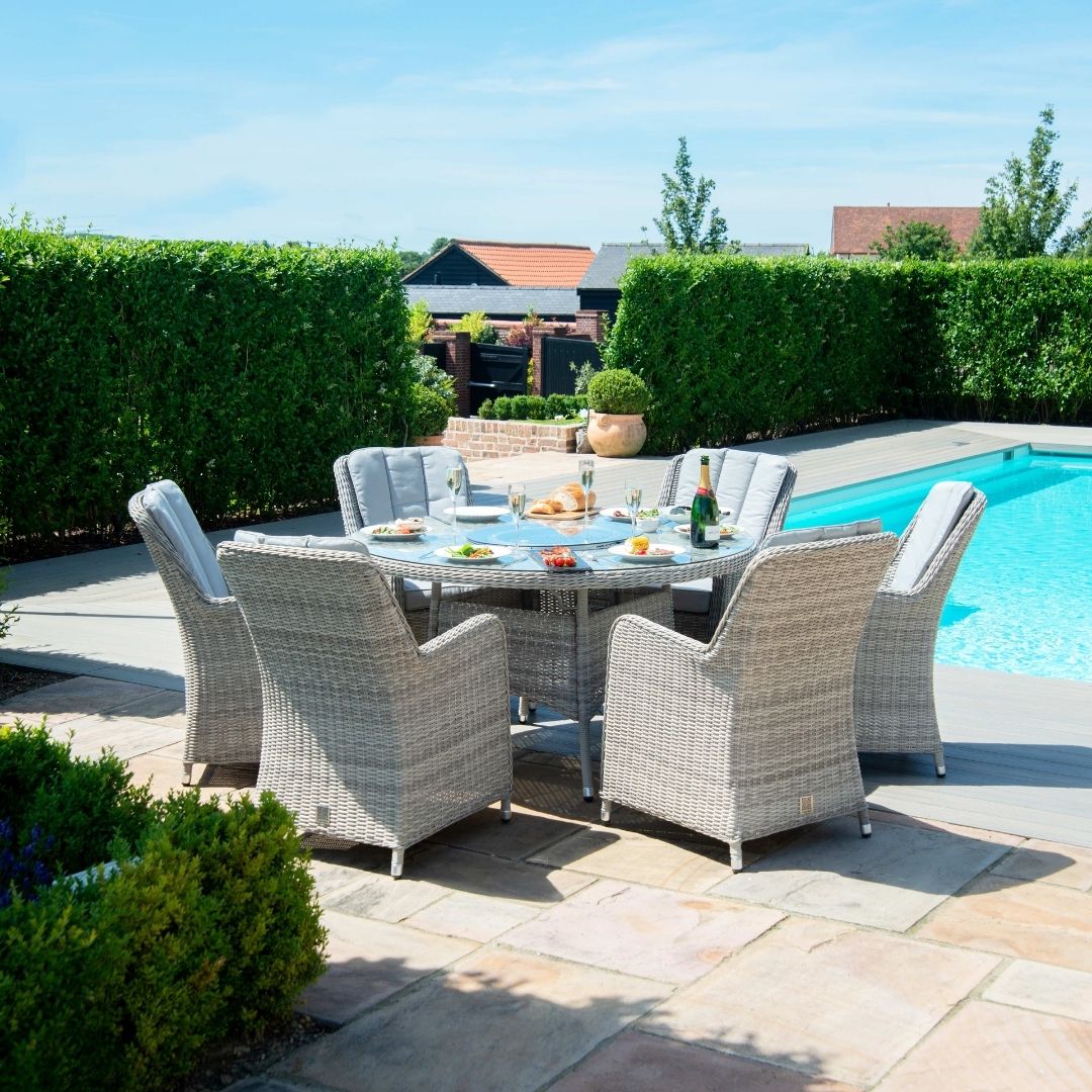 Oxford 6 Seat Round Fire Pit Dining Set with Venice Chairs and Lazy Susan