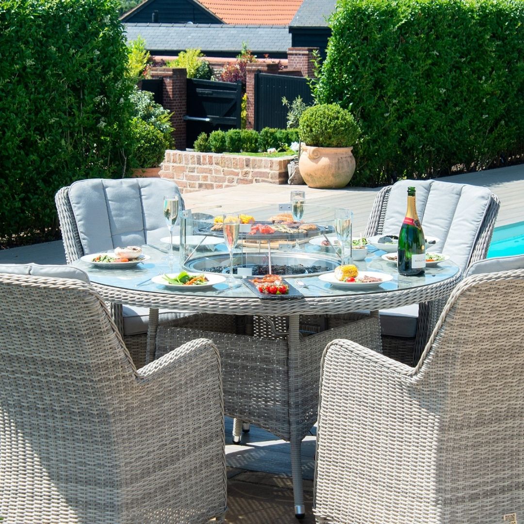 Oxford 6 Seat Round Fire Pit Dining Set with Venice Chairs and Lazy Susan