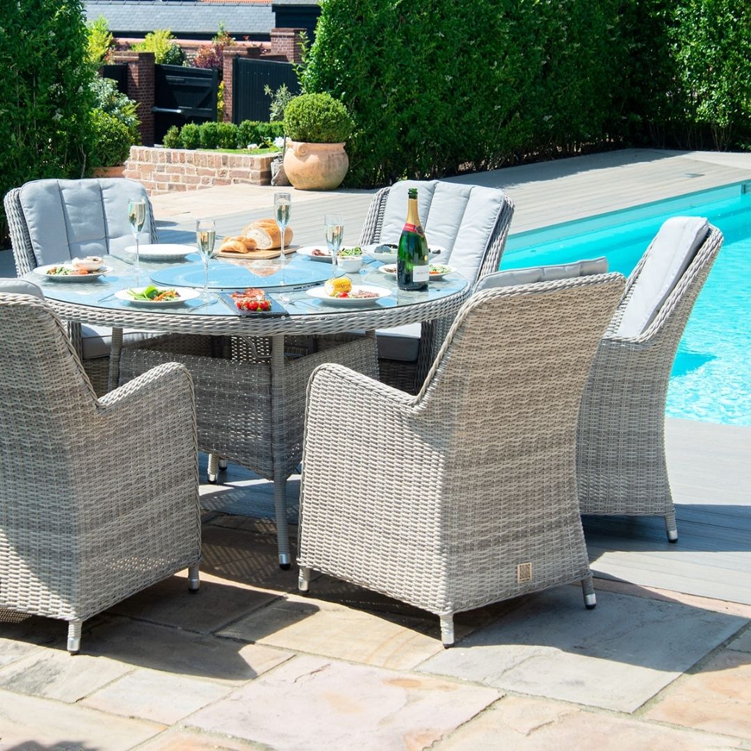 Oxford 6 Seat Round Fire Pit Dining Set with Venice Chairs and Lazy Susan