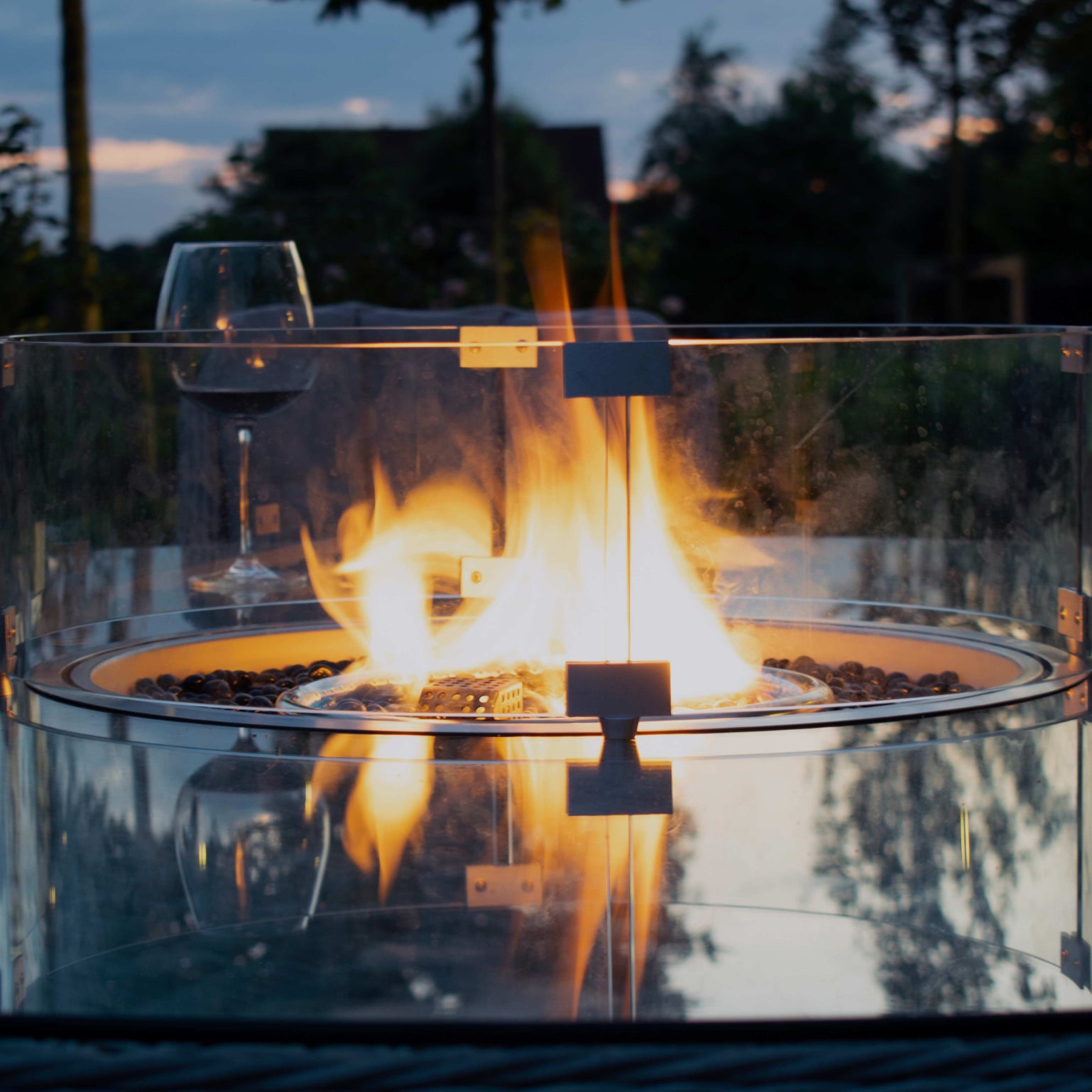 Light grey coloured rattan 8 seat round dining set with fire pit table