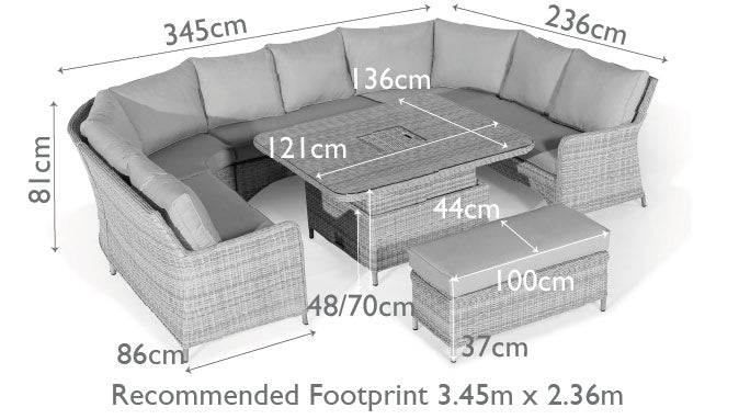 Light grey coloured rattan u shape sofa with matching bench and square rising table.