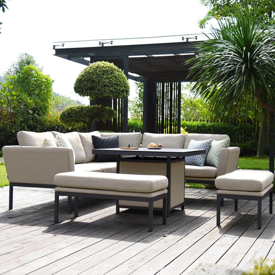 Fabric corner sofa dining set with square fire pit table #colour_oatmeal