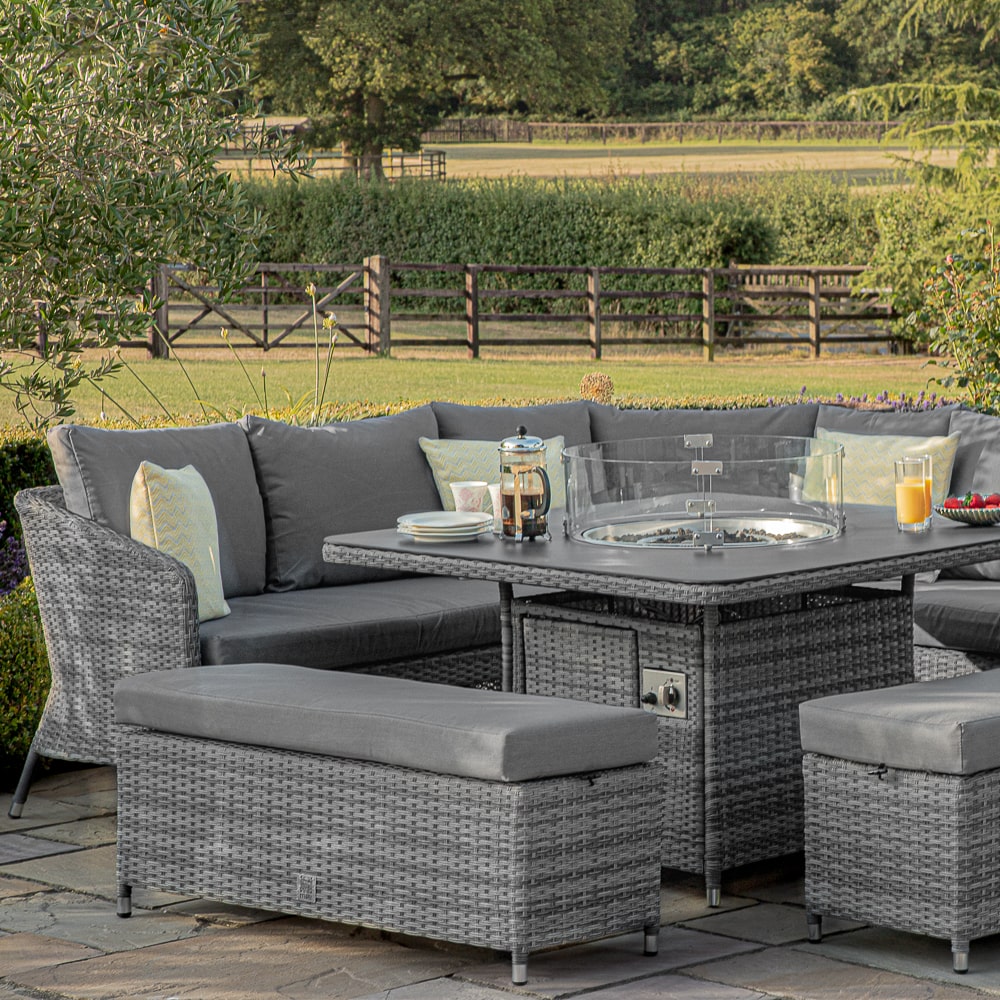 Santorini Deluxe Corner Rattan Dining Set - With Fire Pit Table