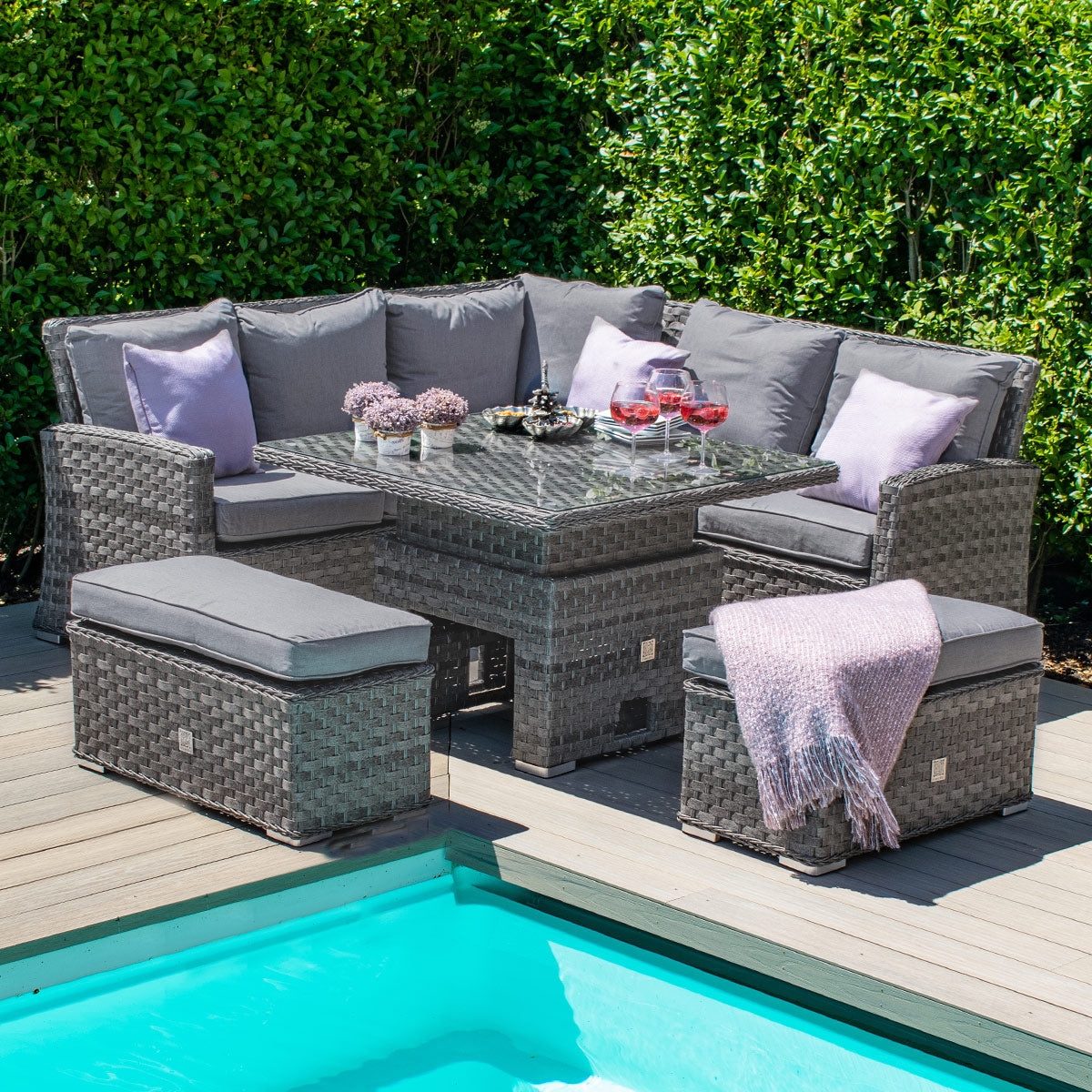 Grey Rattan Square Corner Dining Set with Rising Table