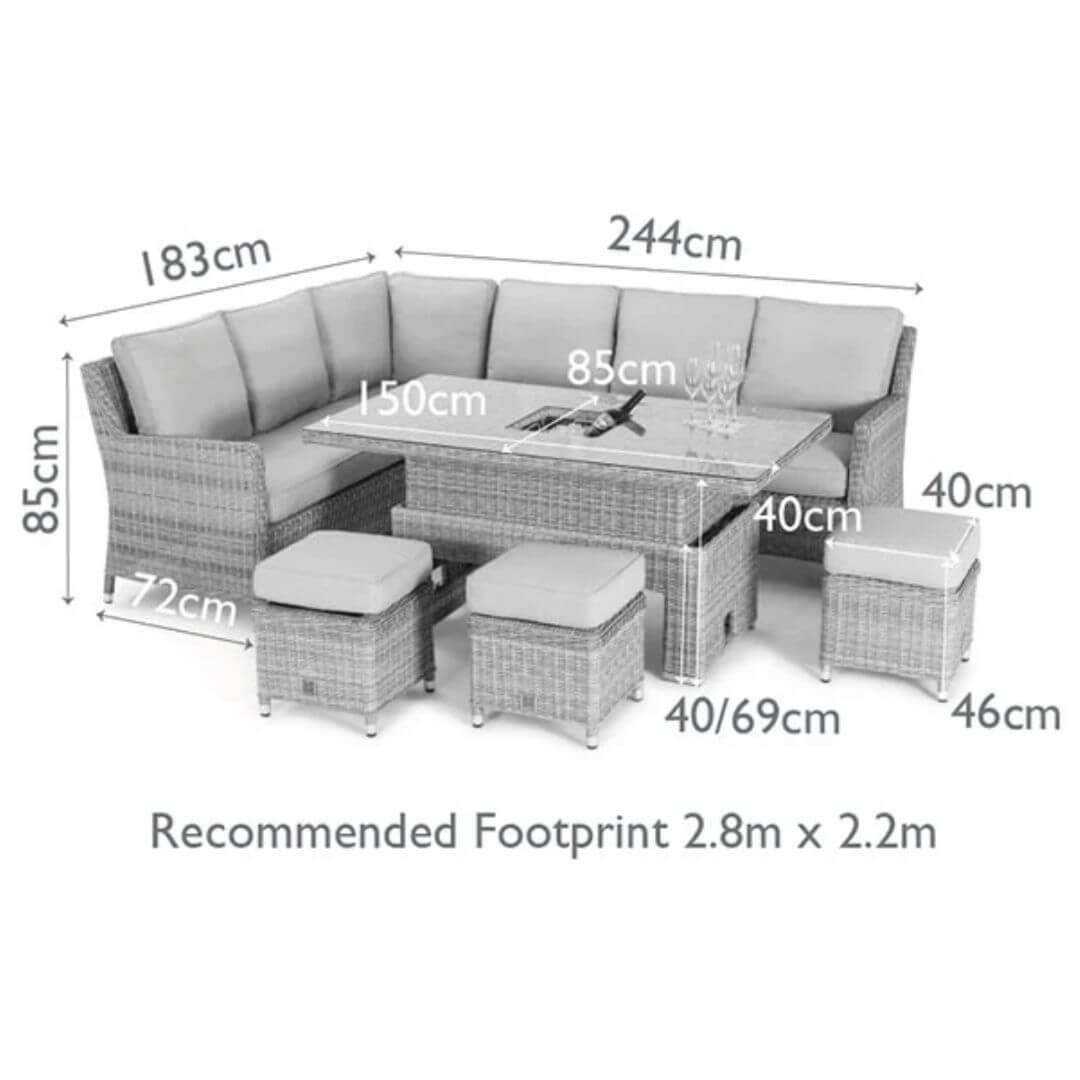 Diagram of a rattan corner dining set with three stool and rising table with ice bucket centrepiece