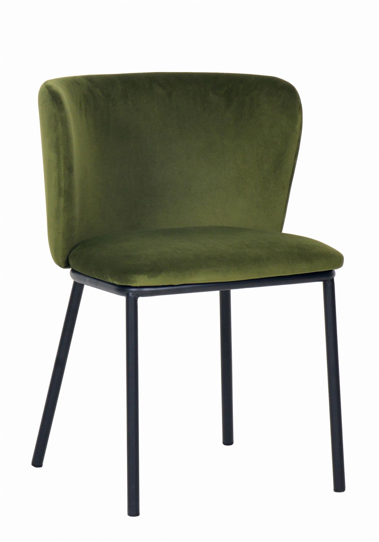 Pair of deep green velvet dining chairs with back support and black metal legs