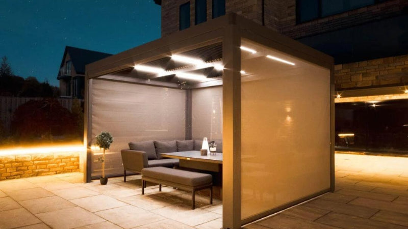 Galaxy Pergola with built-in LED lighting, a motorised roof and sides
