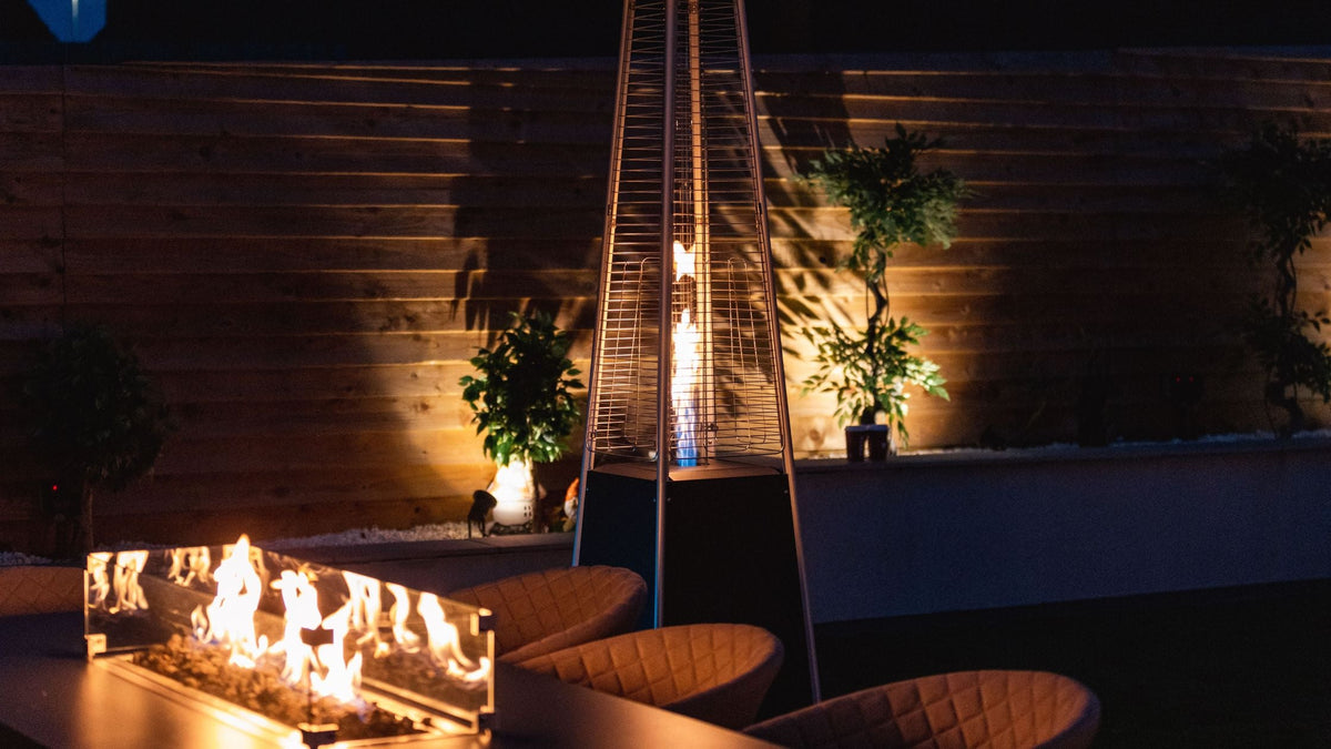 Outdoor patio heater and fire pit dining set.