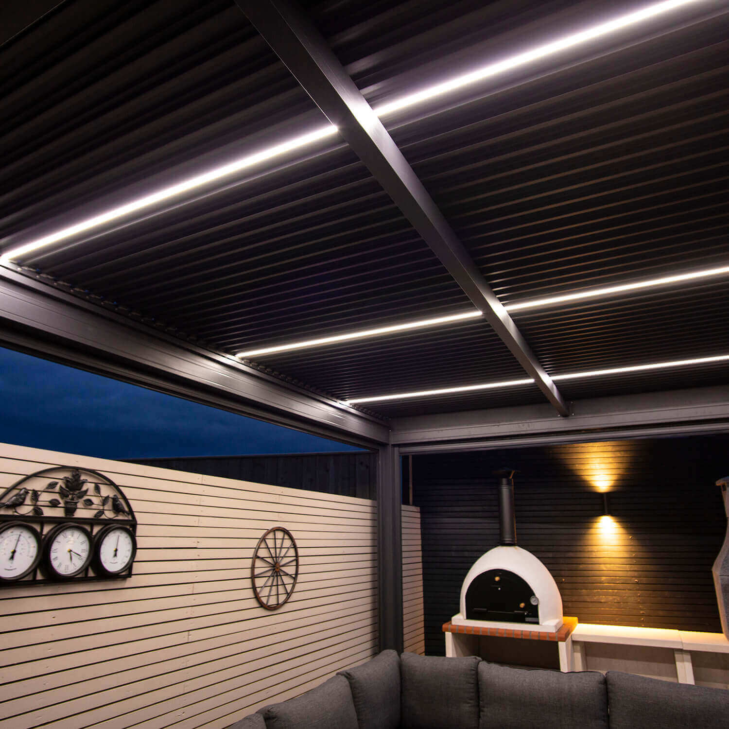 Close up of the motorised louvred roof with white LED lights turned on
