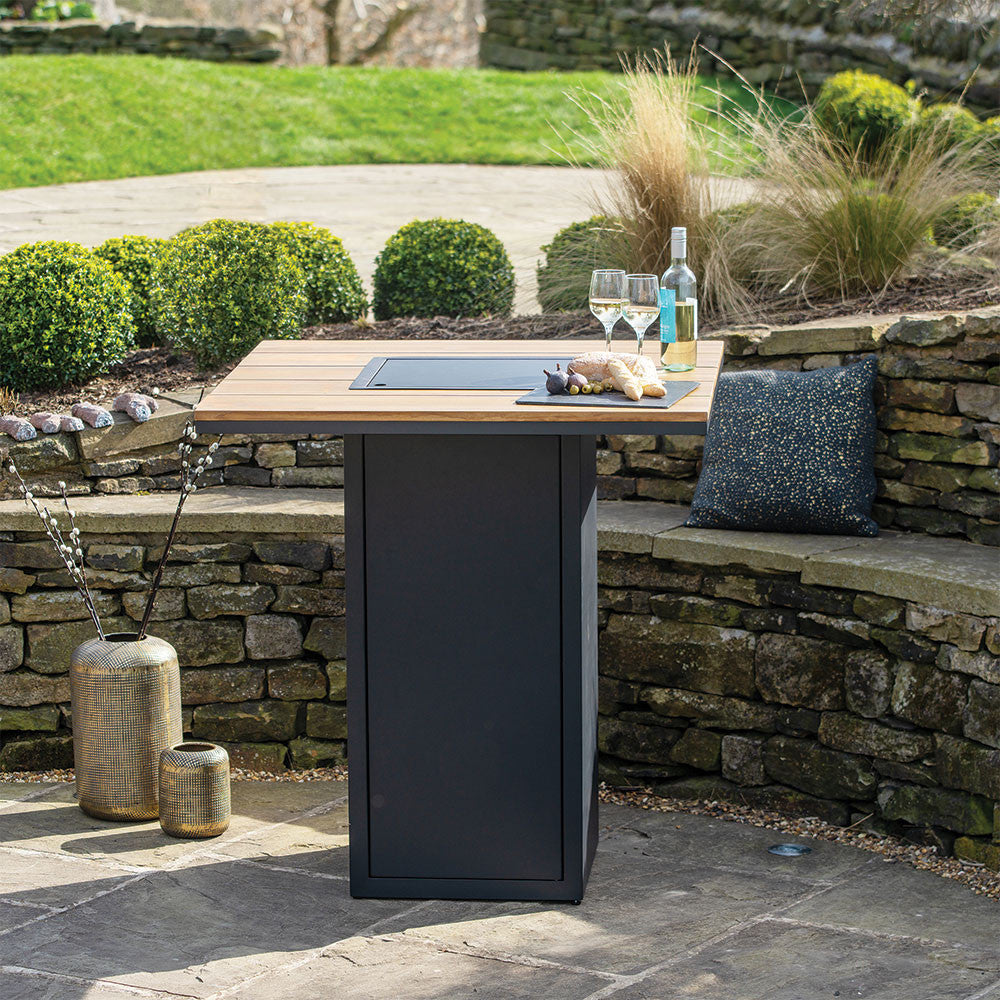 Black and Teak Fire Pit Bar Table