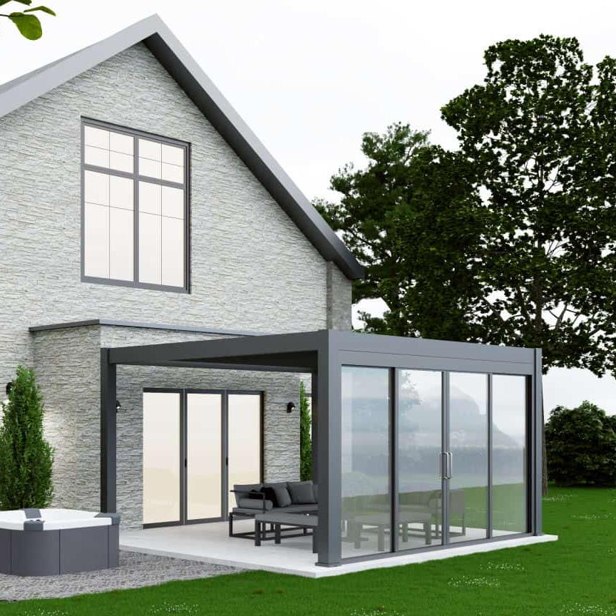 glass sliding doors on a grey aluminium pergola 