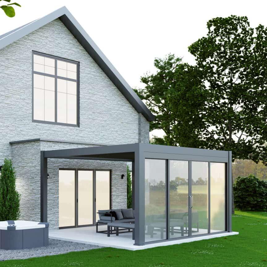 glass sliding doors on a grey aluminium pergola 