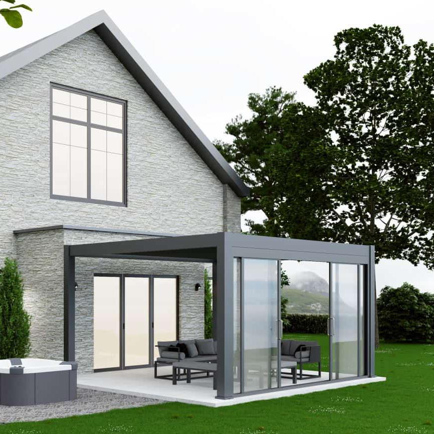 glass sliding doors on a grey aluminium pergola 