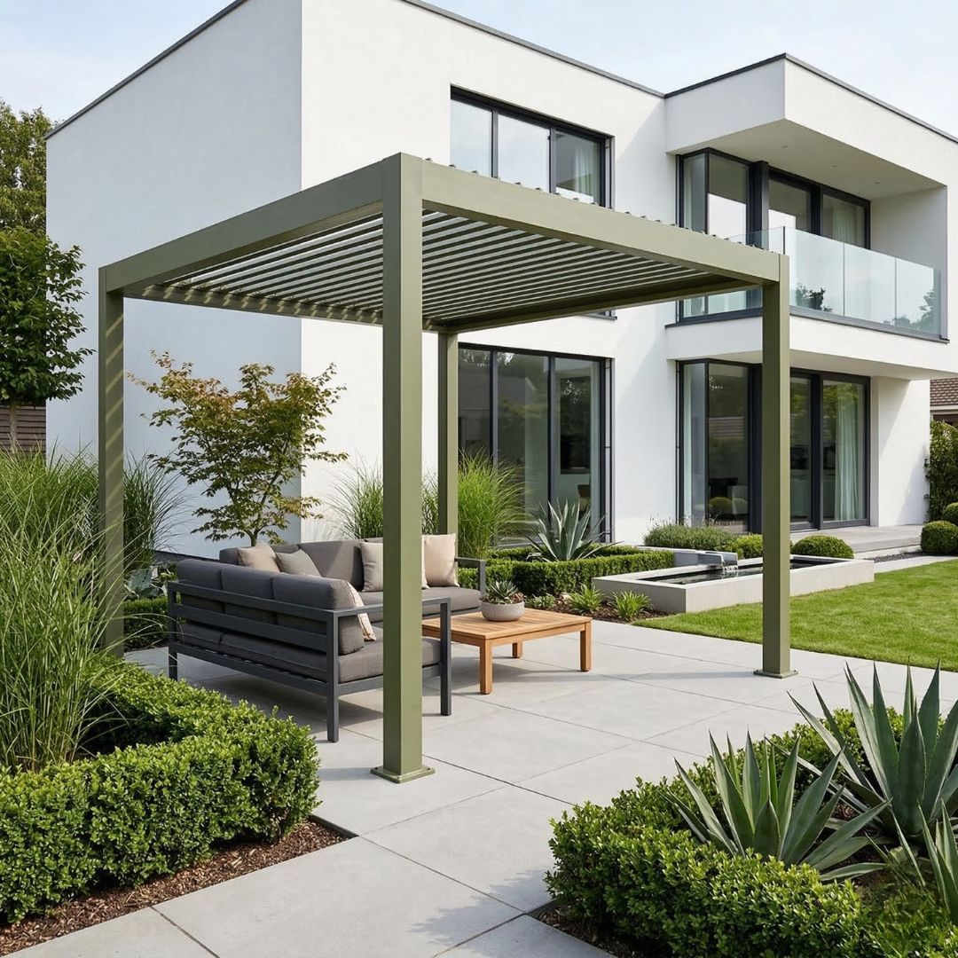 Neptune Deluxe Motorised Roof Aluminium Pergola - 3m x 3m in Olive Green