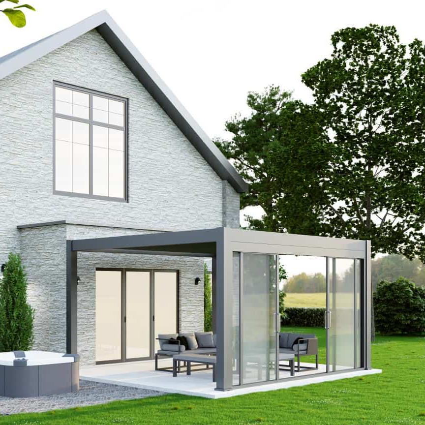 glass sliding doors on a grey aluminium pergola 