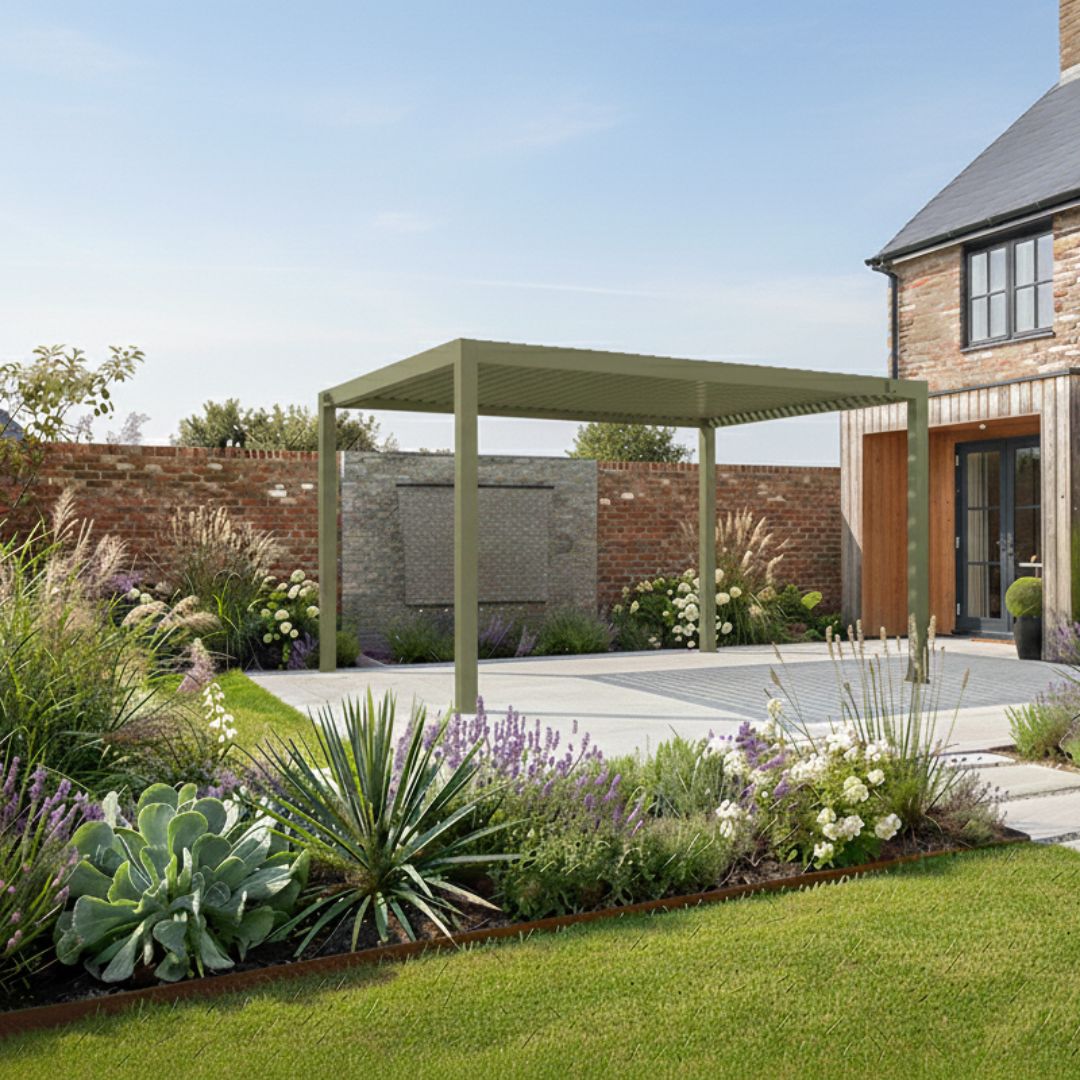 Neptune Deluxe Motorised Roof Aluminium Pergola - 3m x 4m in Olive Green