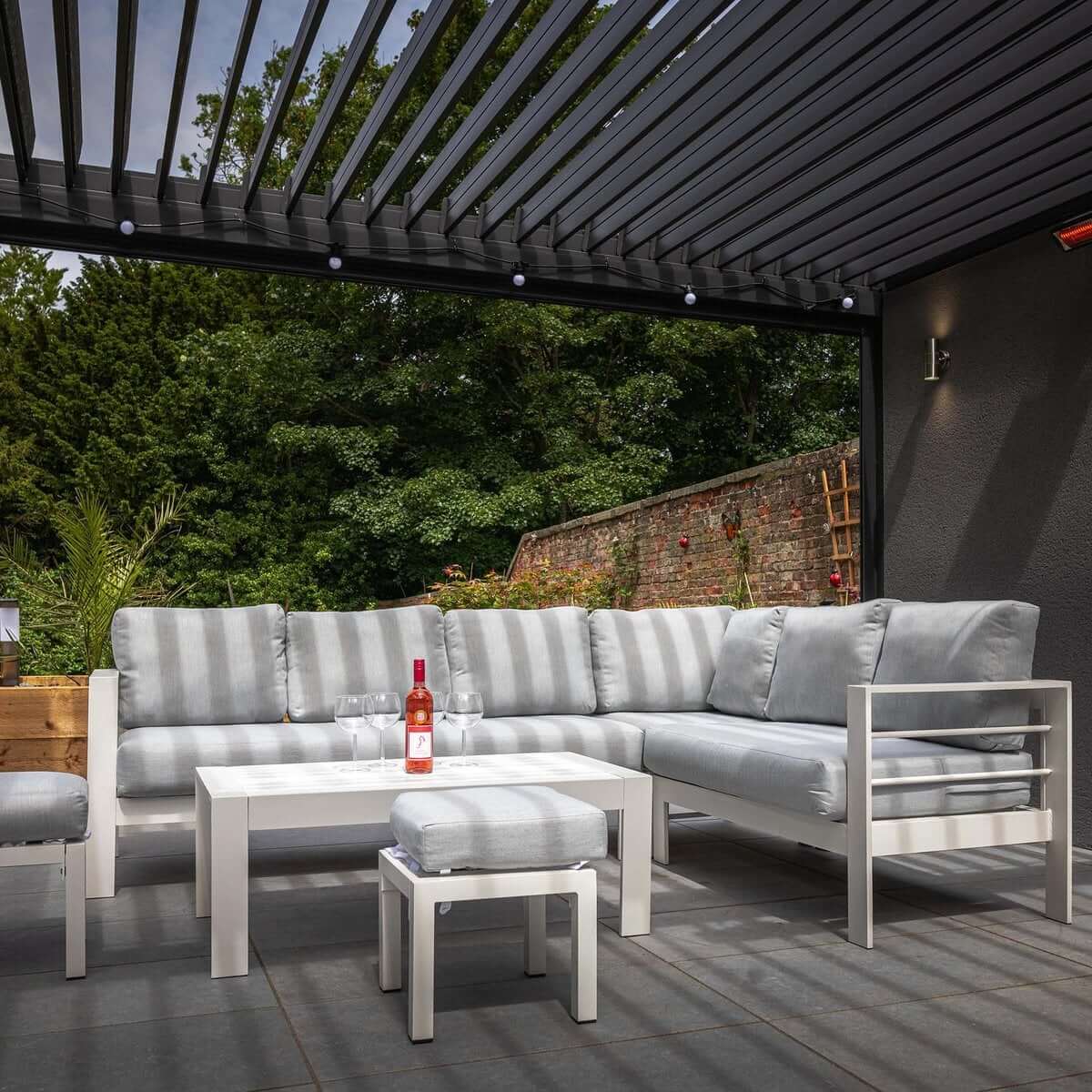 White Fabric/Aluminium Garden Corner Sofa Set with Table and Stool #colour_white