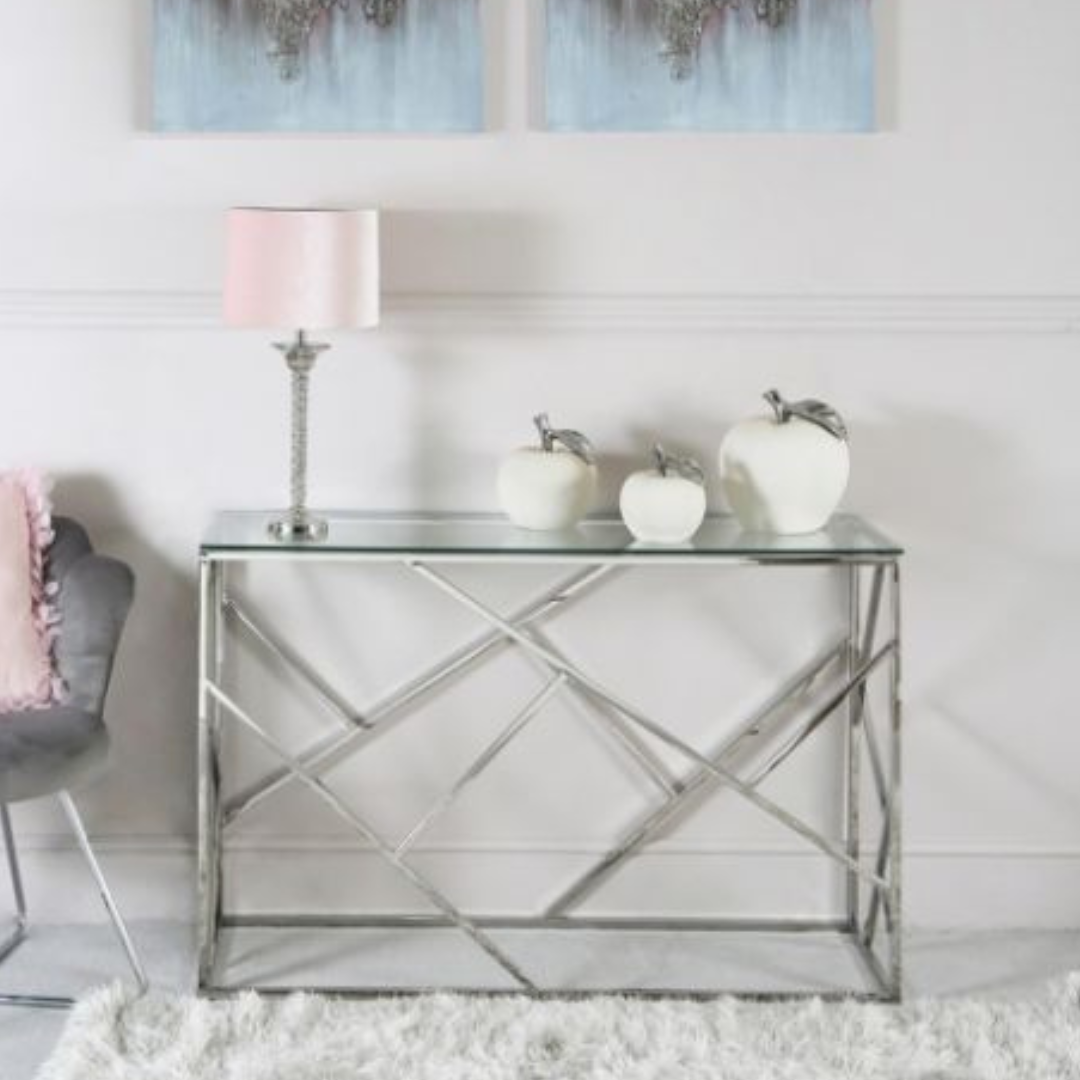 Stainless steel geometric design console table.