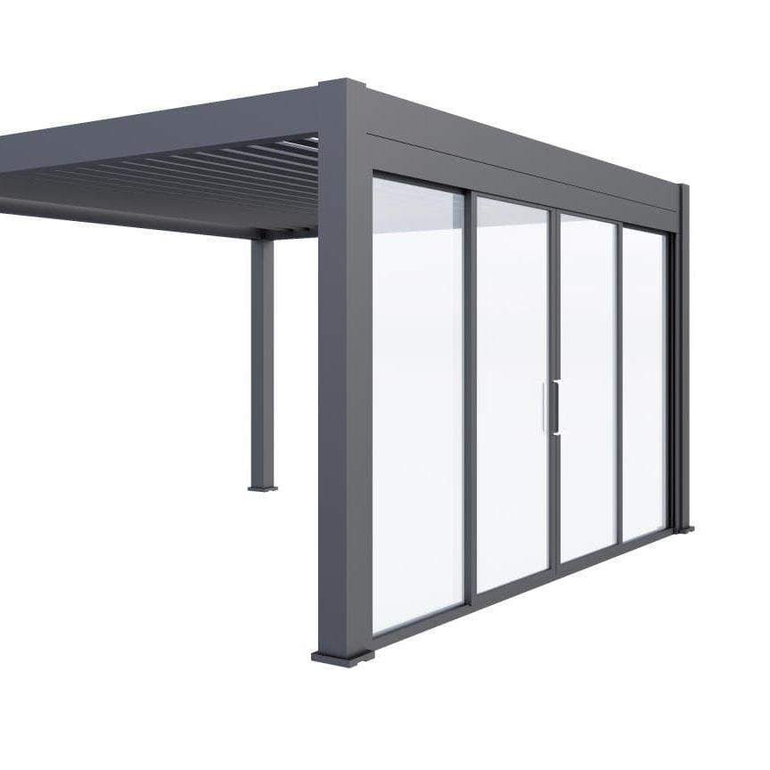 glass sliding doors on a grey aluminium pergola 