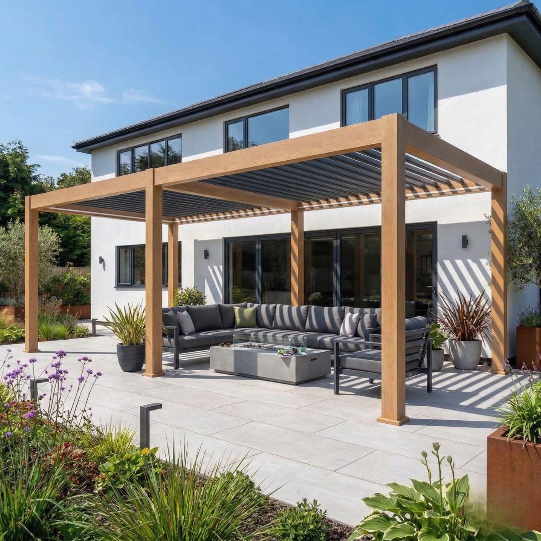 Hemera Deluxe Aluminium Pergola - 6m x 3m in Light Oak
