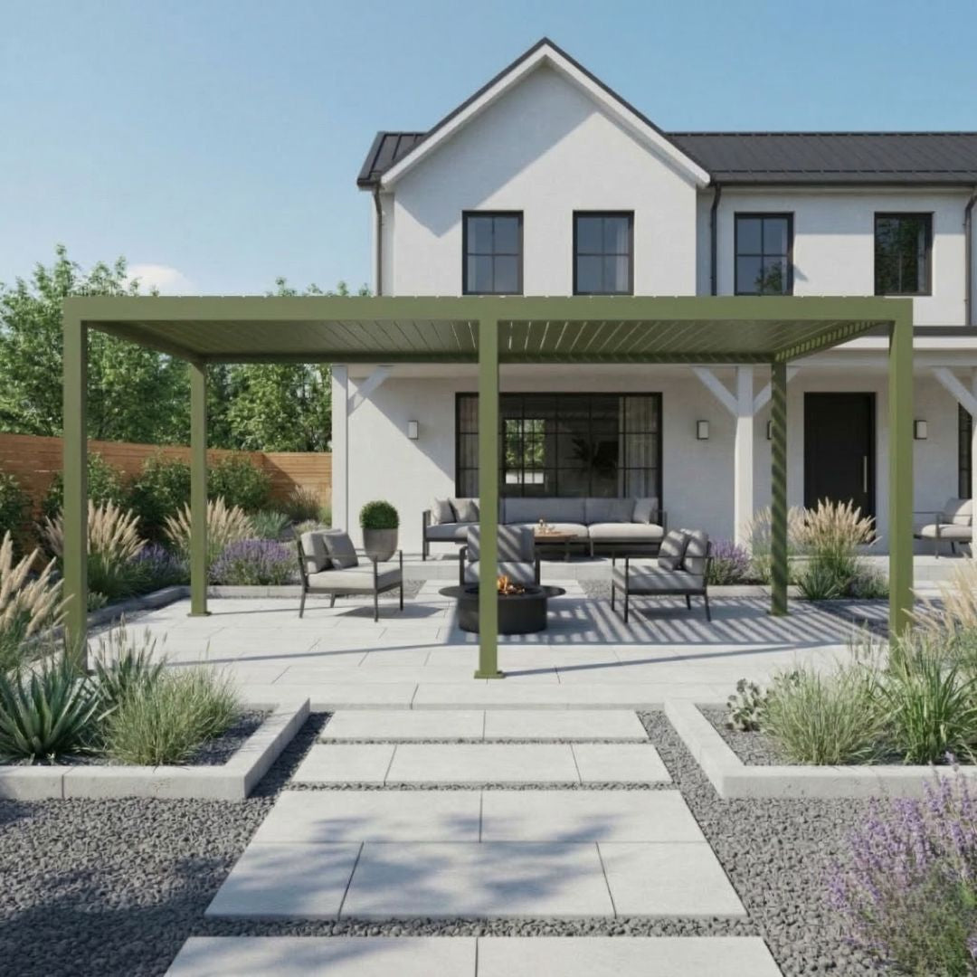 Neptune Deluxe Motorised Roof Aluminium Pergola - 3m x 6m in Olive Green