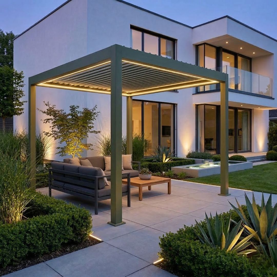 Neptune Deluxe Motorised Roof Aluminium Pergola - 3m x 3m in Olive Green