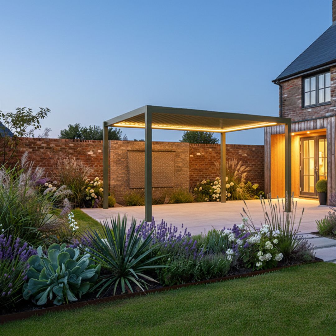 Neptune Deluxe LED Aluminium Pergola - 3m x 3m in Olive Green