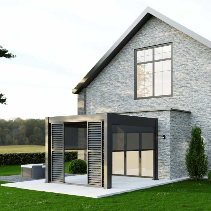 3m aluminium louvred sliding doors on a grey aluminium pergola