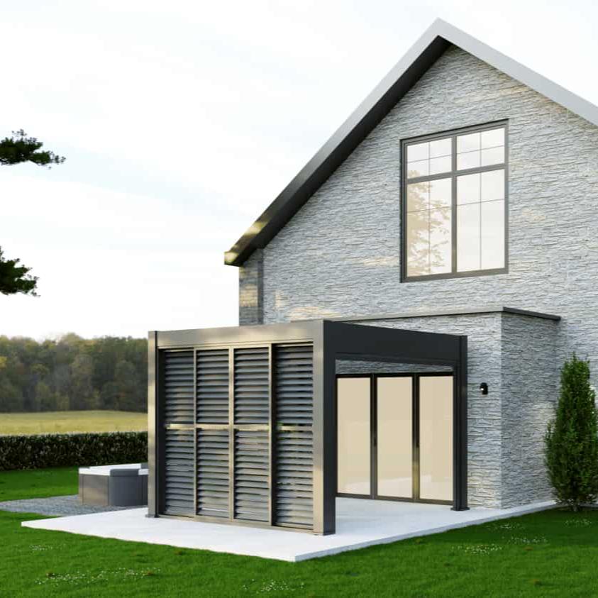 3m aluminium louvred sliding doors on a grey aluminium pergola