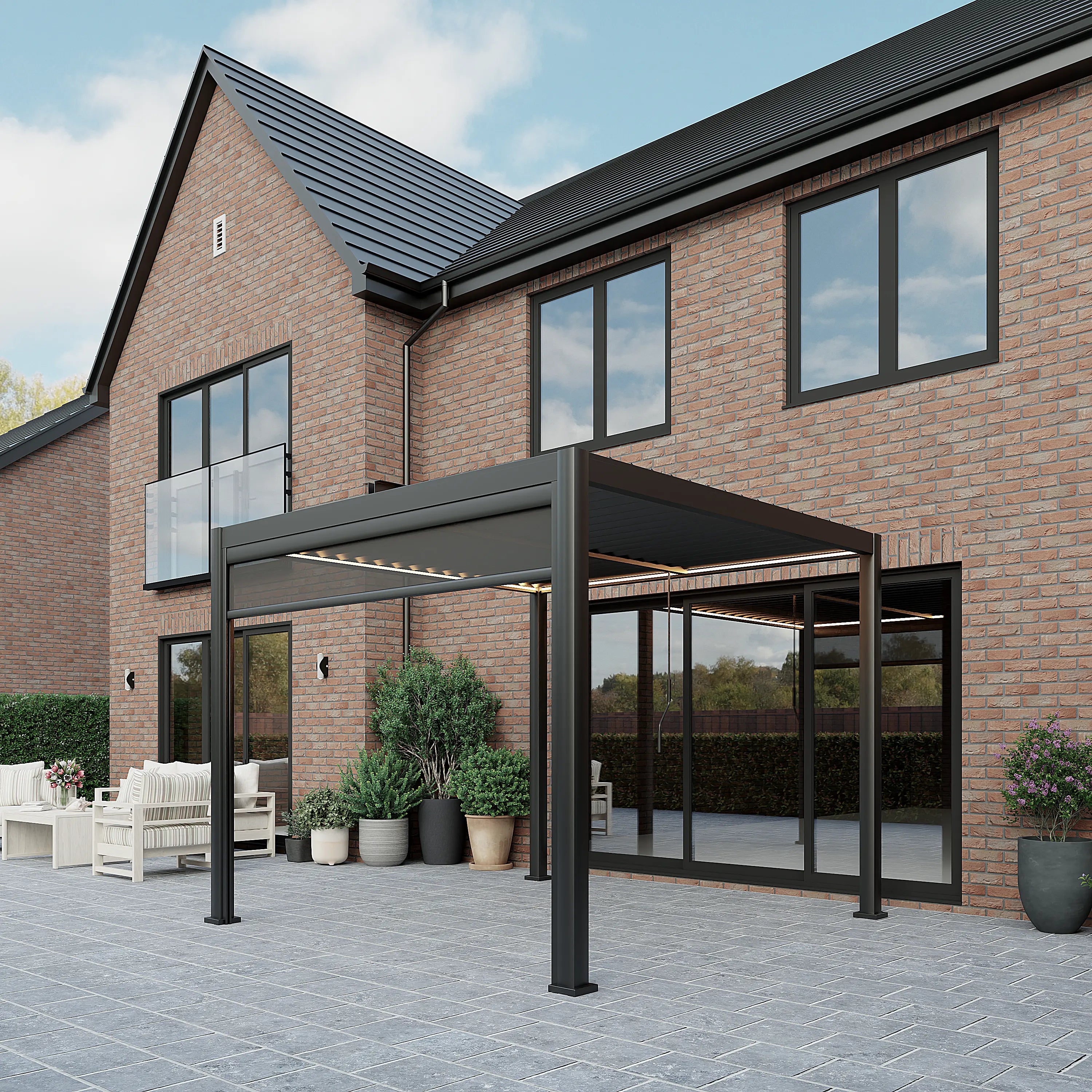 Linea 3m x 3m Aluminium Pergola with 3 Privacy Screens and LED Lighting