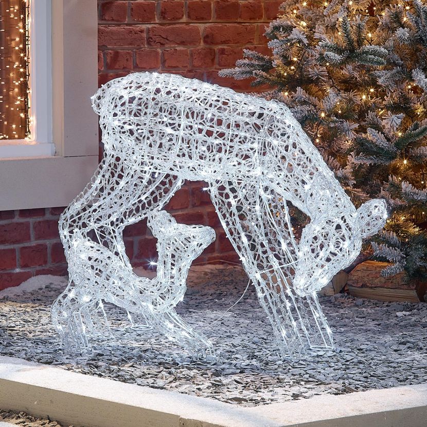 White 70cm Mother & Baby Acrylic LED Christmas Reindeer 