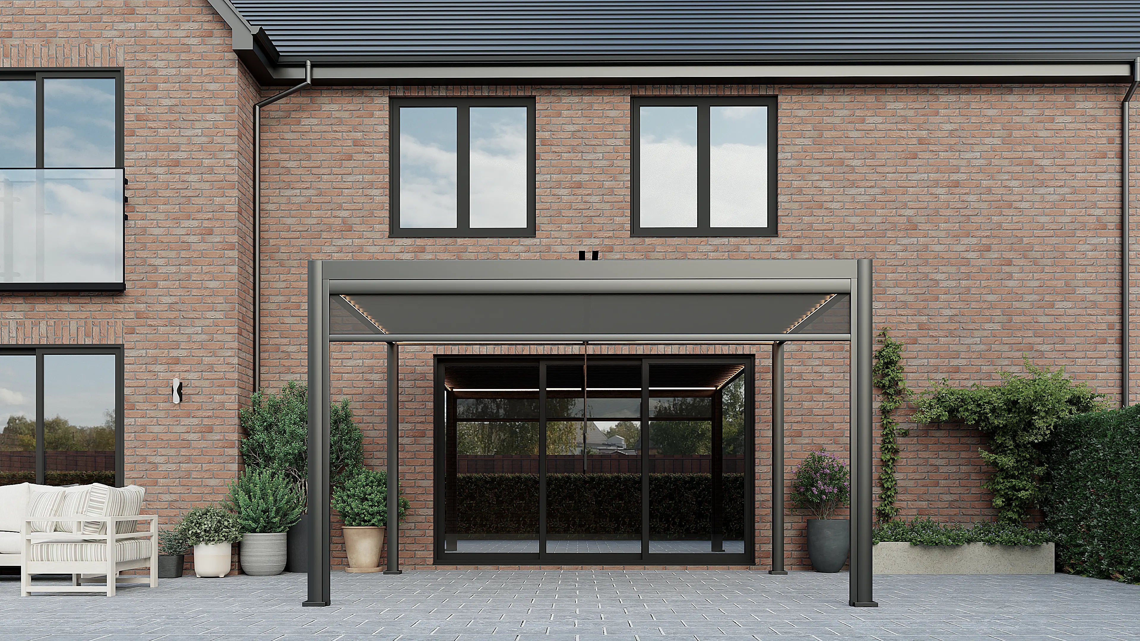 Linea 3m x 4m Aluminium Pergola with 3 Privacy Screens and LED Lighting