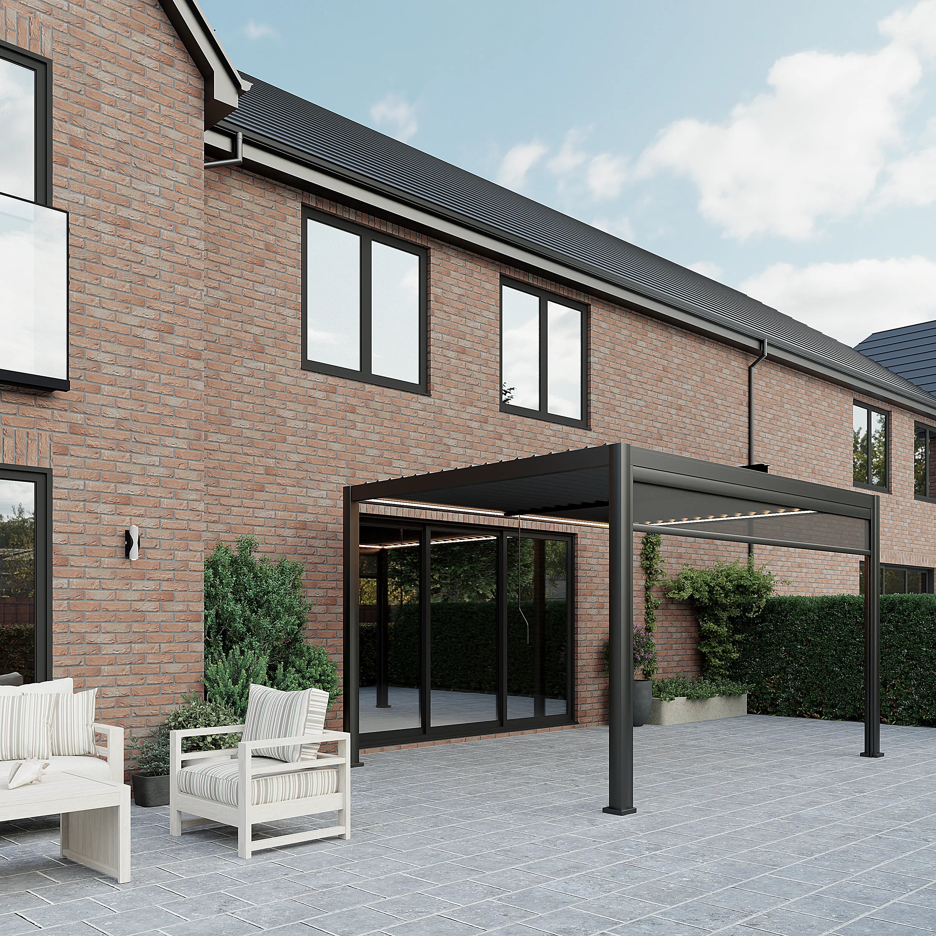 Linea 3m x 4m Aluminium Pergola with 3 Privacy Screens and LED Lighting