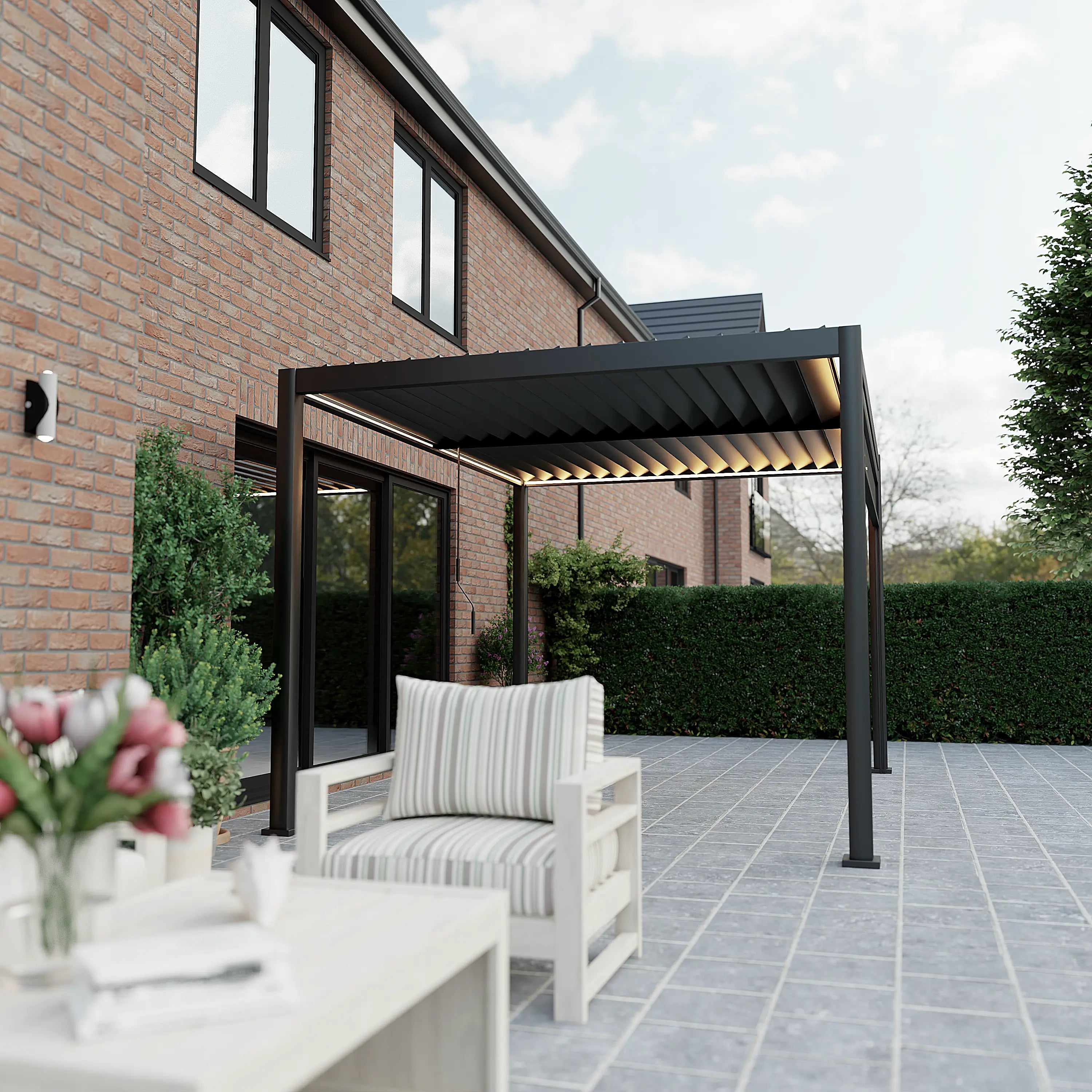 Linea 3m x 4m Aluminium Pergola with 3 Privacy Screens and LED Lighting