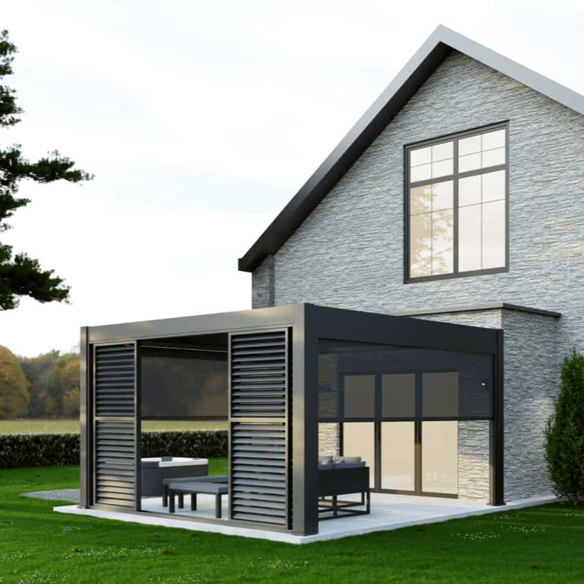 4m aluminium louvred sliding doors on a grey aluminium pergola