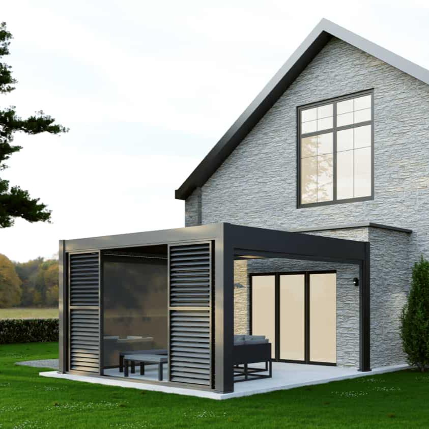 4m aluminium louvred sliding doors on a grey aluminium pergola