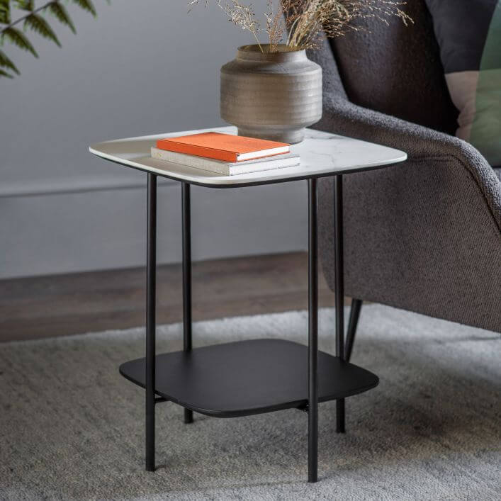 White Marble Style Side Table With Black Iron Legs
