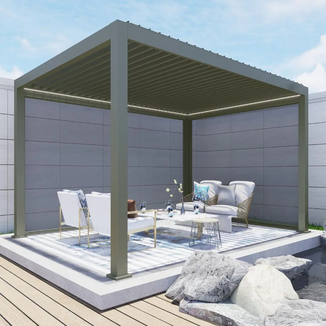 Neptune Deluxe Motorised Roof Aluminium Pergola - 3m x 6m in Olive Green