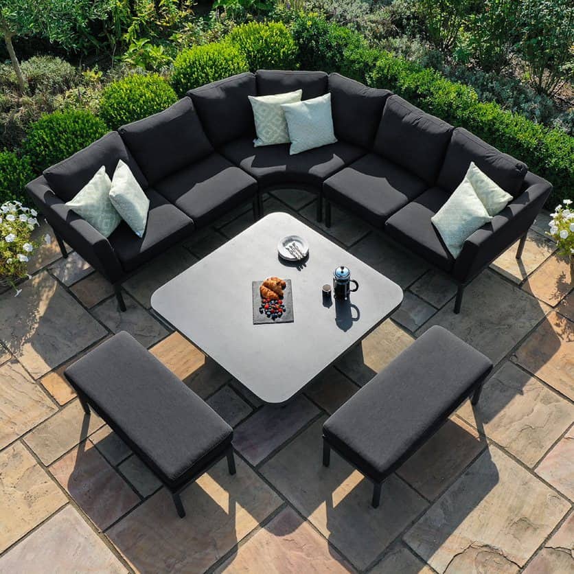 Fabric corner dining set with square rising table and two benches #colour_charcoal
