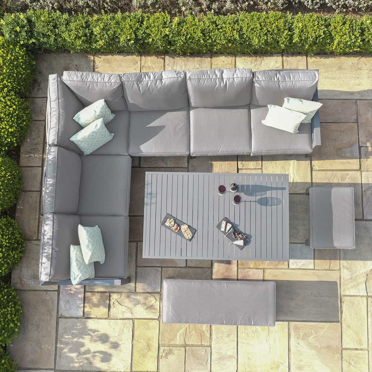 Aluminium corner sofa dining set with rising table and 2 stools #colour_dove grey
