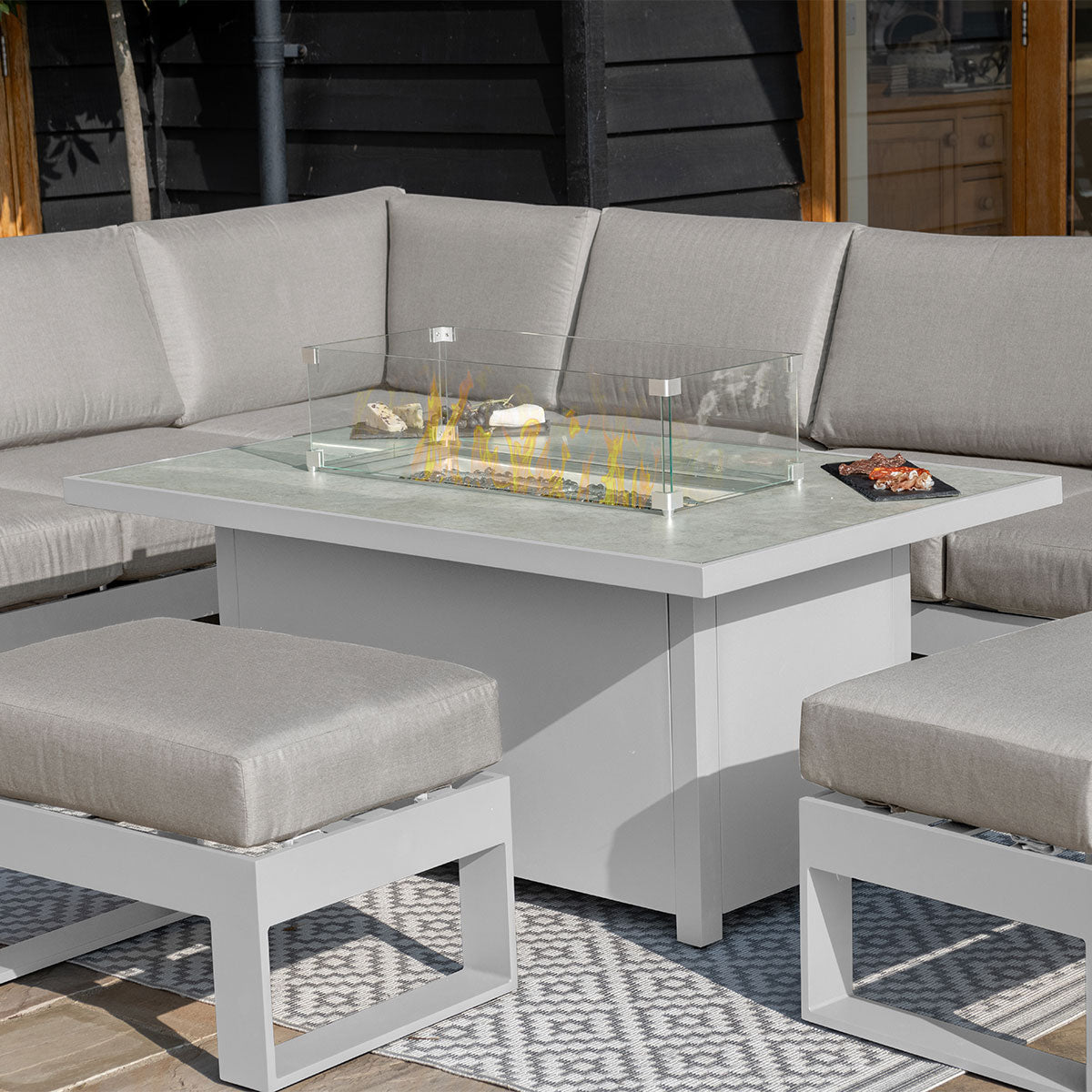 Aluminium Large Corner Dining with Rectangular Fire Pit Table (includes 2x footstools) #colour_white