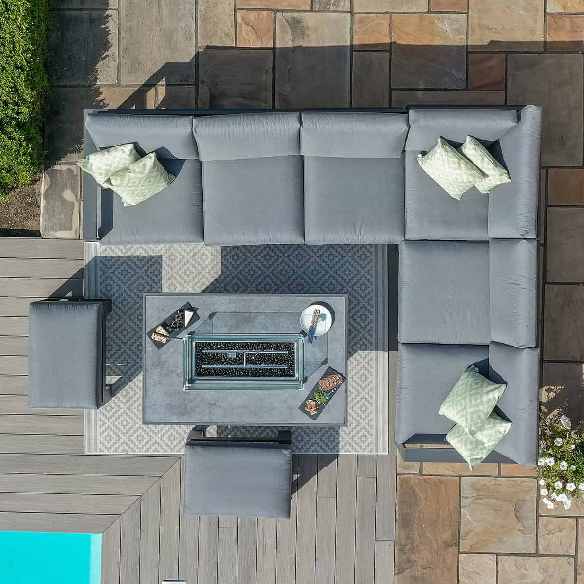 Aluminium Large Corner Dining with Rectangular Fire Pit Table (includes 2x footstools) #colour_grey