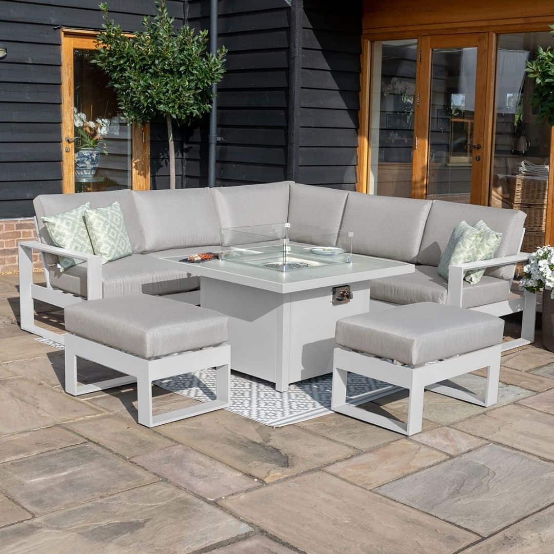 Aluminium Small Corner Dining with Square Fire Pit Table (includes 2x footstools) #colour_white