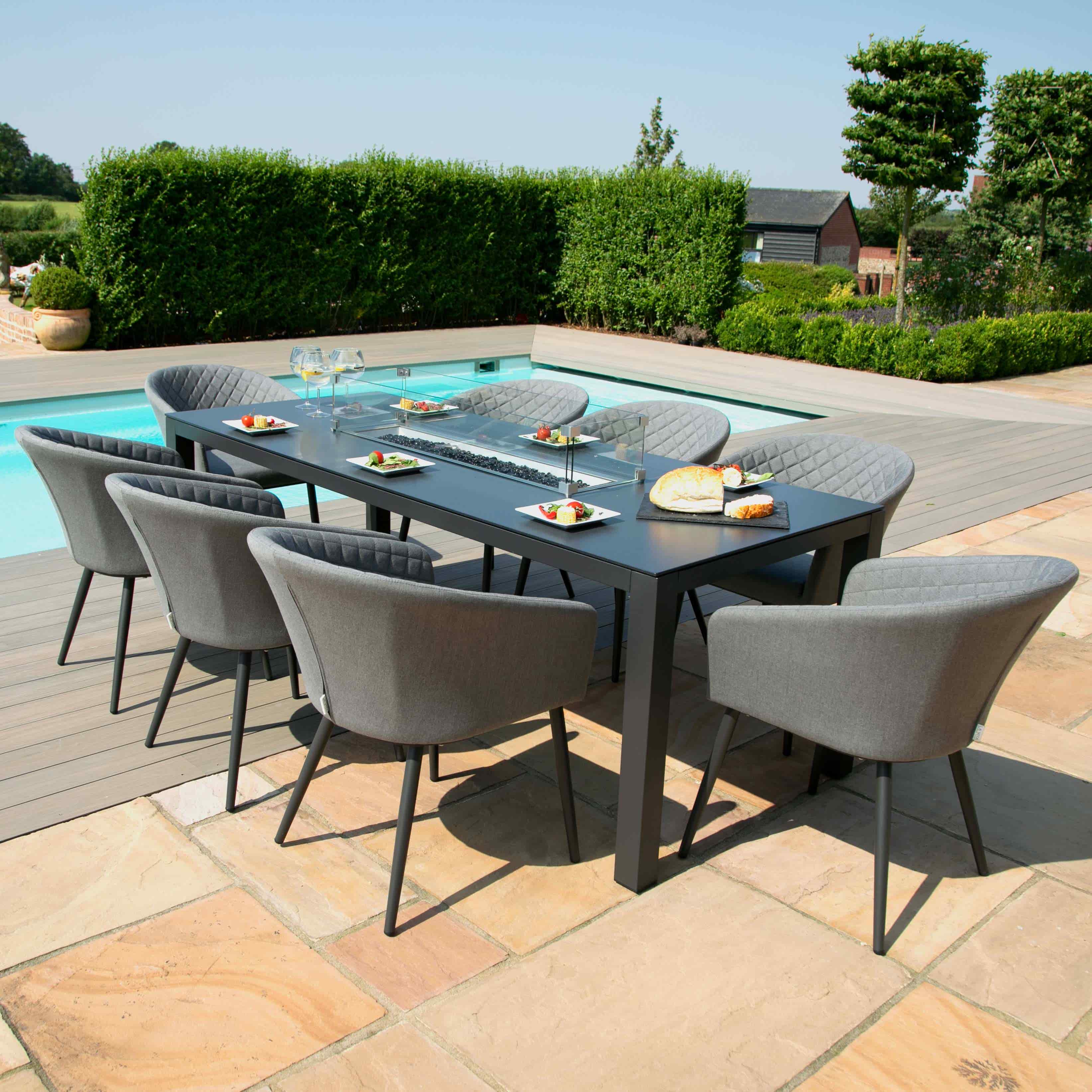 Fabric and Aluminium 8 Seat Rectangular Fire Pit Dining Set #colour_flanelle