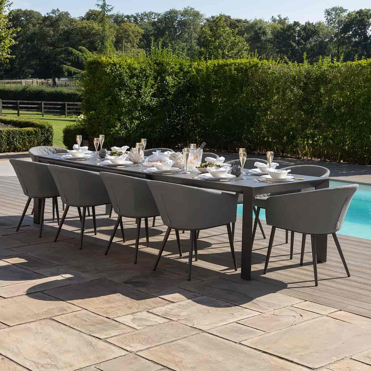 Grey Outdoor Fabric 10 Seat Extending Dining Set #colour_flanelle