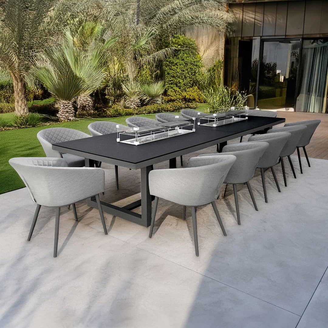 12 Seat Grey Outdoor Fabric Rectangular Dining Set with Fire Pit Table #colour_flanelle