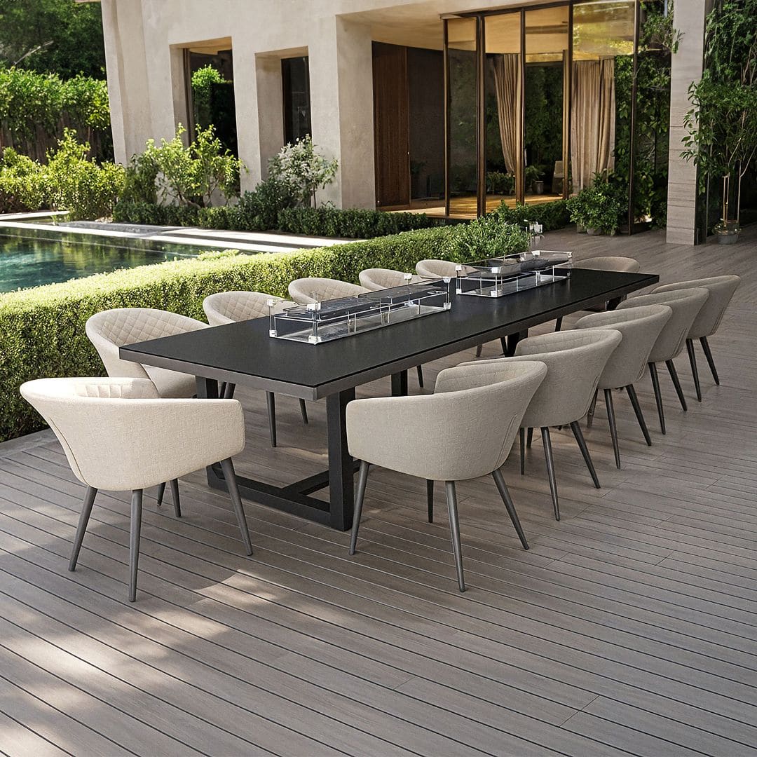 12 Seat Beige Oatmeal Outdoor Fabric Rectangular Dining Set with Fire Pit Table #colour_oatmeal