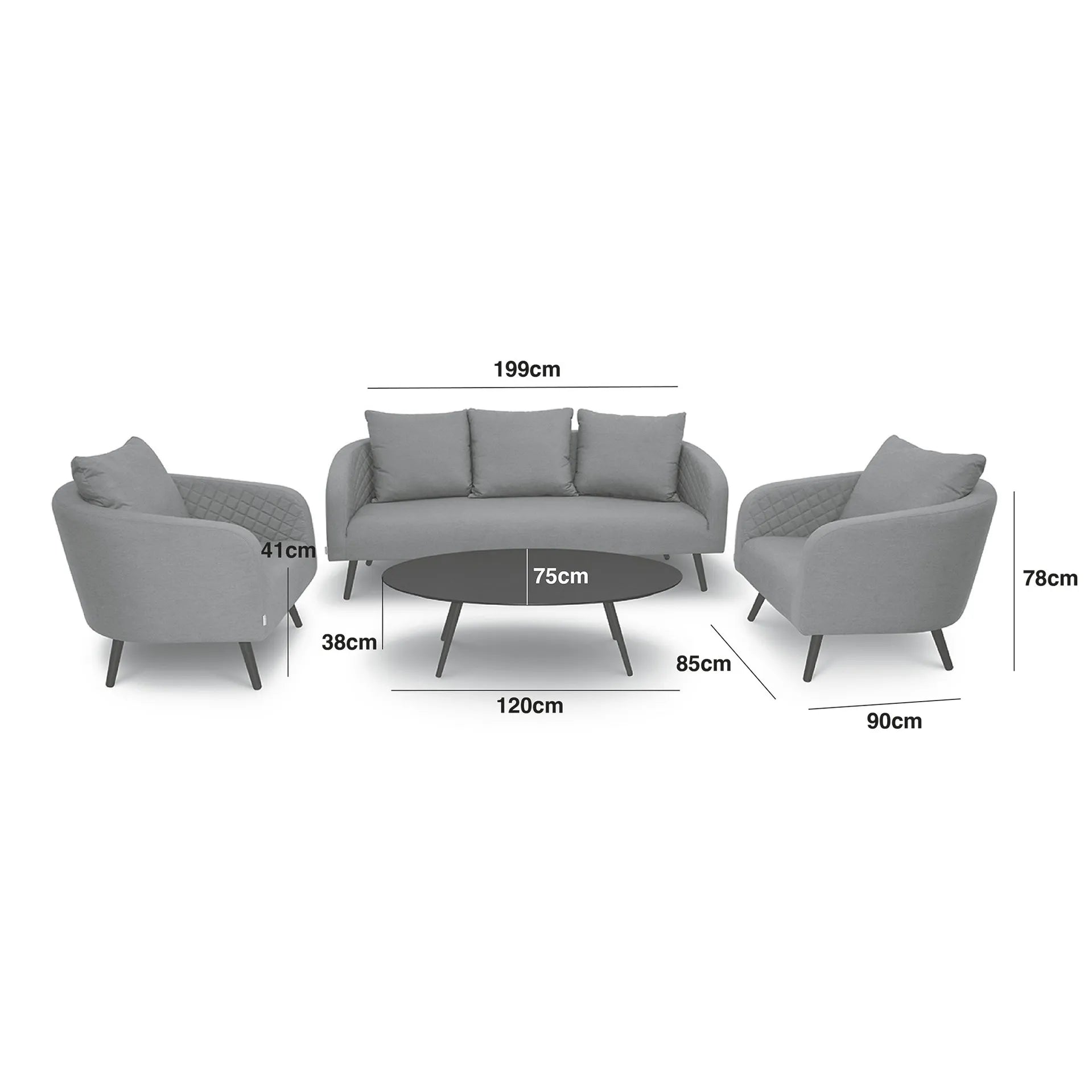 Fabric 3 Seat Sofa Set with Oval Coffee Table Measurements/Footprint